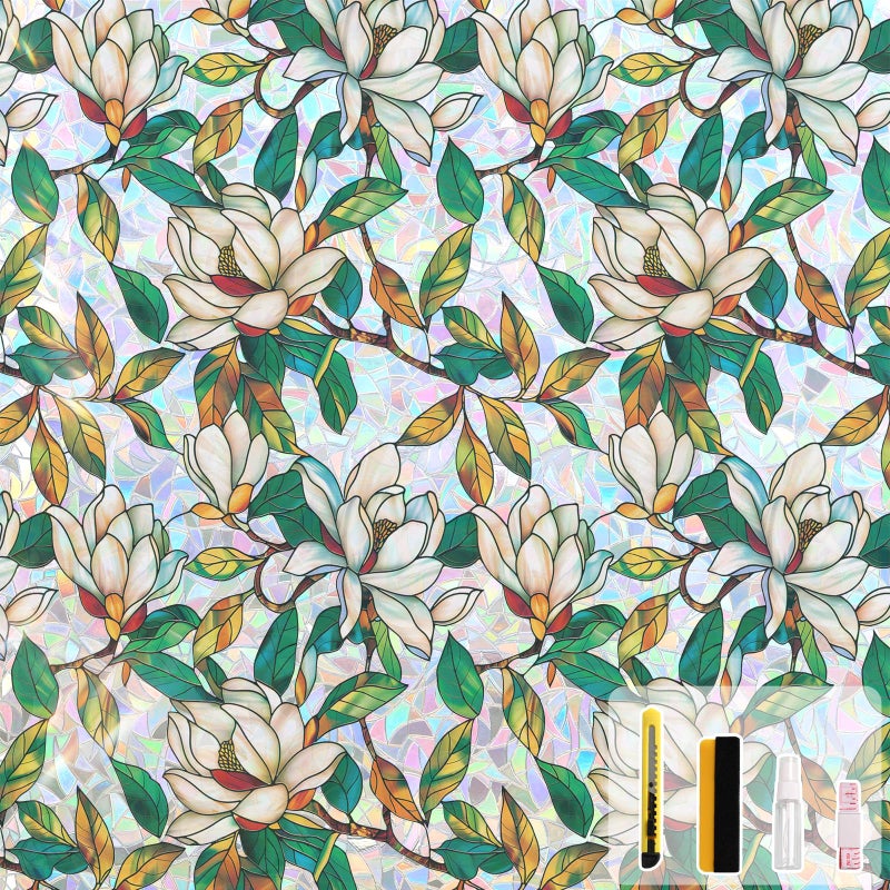 Kromapolis Window Privacy Film, Stained Glass Sticker Floral Window Clings, Decorative Static Clings UV Blocking Colorful Decals, Removable Vinyl Covering White Magnolia Flowers, 17.5'' x 78.7'' - Image 1