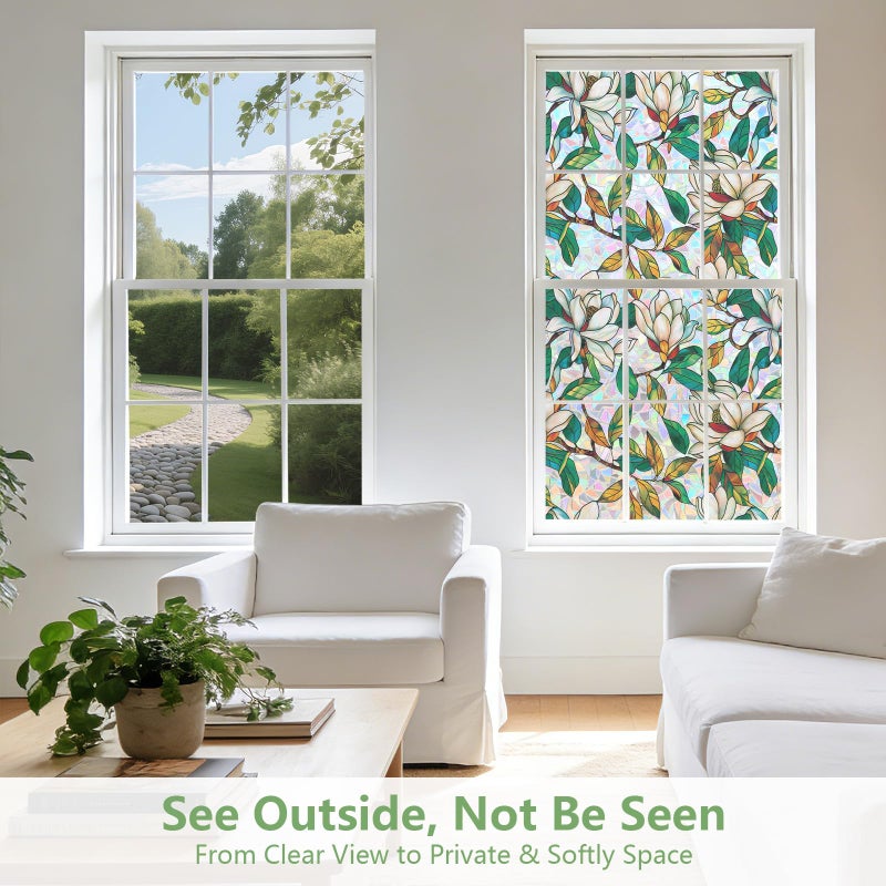 Kromapolis Window Privacy Film, Stained Glass Sticker Floral Window Clings, Decorative Static Clings UV Blocking Colorful Decals, Removable Vinyl Covering White Magnolia Flowers, 17.5'' x 78.7'' - Image 4