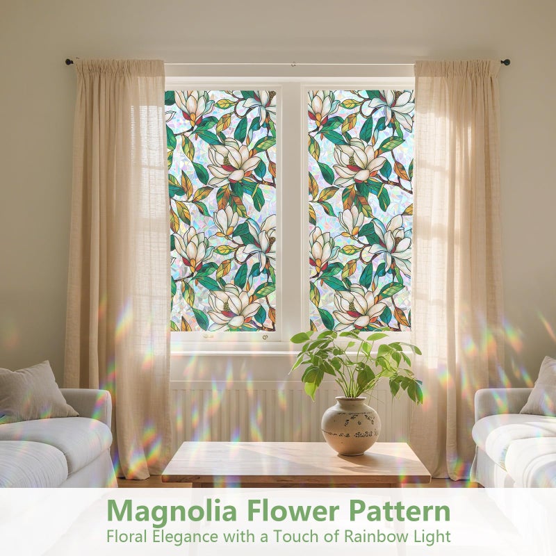 Kromapolis Window Privacy Film, Stained Glass Sticker Floral Window Clings, Decorative Static Clings UV Blocking Colorful Decals, Removable Vinyl Covering White Magnolia Flowers, 17.5'' x 78.7'' - Image 2