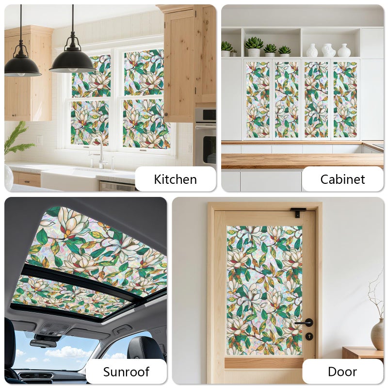Kromapolis Window Privacy Film, Stained Glass Sticker Floral Window Clings, Decorative Static Clings UV Blocking Colorful Decals, Removable Vinyl Covering White Magnolia Flowers, 17.5'' x 78.7'' - Image 5