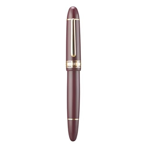 Wikult Yongsheng Junlai 630 Acrylic Fountain Pen, Size 8 Medium Nib with Piston Filling System, Wine Red Transparent Fence Ink Tank with Torpedo Shape Design Smooth Writing Pen (Gold Trim) - Image 2