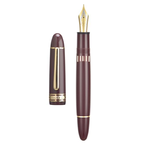Wikult Yongsheng Junlai 630 Acrylic Fountain Pen, Size 8 Medium Nib with Piston Filling System, Wine Red Transparent Fence Ink Tank with Torpedo Shape Design Smooth Writing Pen (Gold Trim) - Image 3