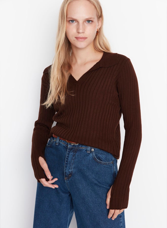trendyol Brown Sleeve Detailed Polo Neck Knitwear Sweater - Image 1
