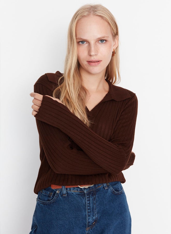 trendyol Brown Sleeve Detailed Polo Neck Knitwear Sweater - Image 2