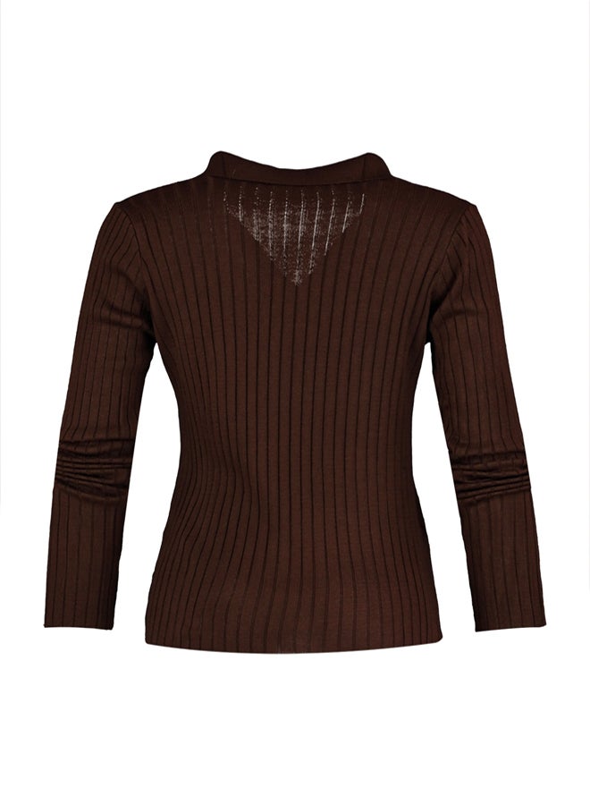 trendyol Brown Sleeve Detailed Polo Neck Knitwear Sweater - Image 5