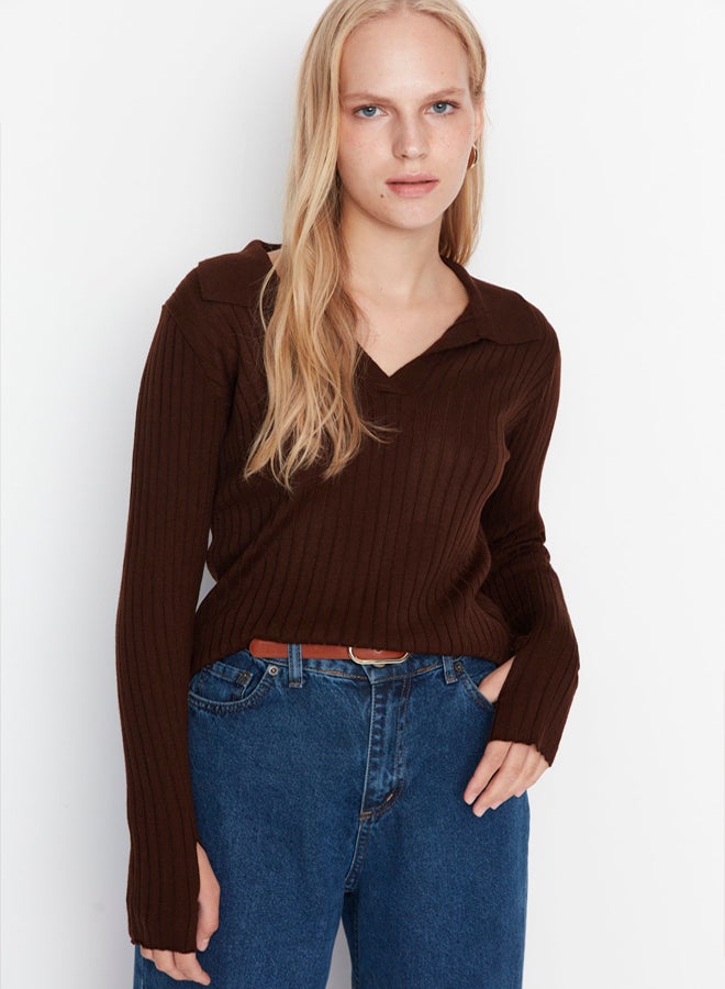 trendyol Brown Sleeve Detailed Polo Neck Knitwear Sweater - Image 3