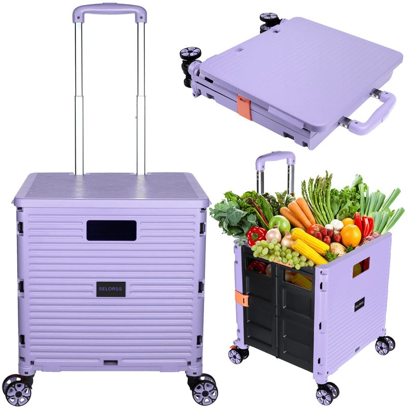SELORSS SELORSS Foldable Utility Cart Portable Collapsible Crate Rolling Carts with Wheels Rolling Tote Basket Teacher Cart with Lid WearResistant 360Rotate Wheel Noiseless for Shopping Storage Office Use 
