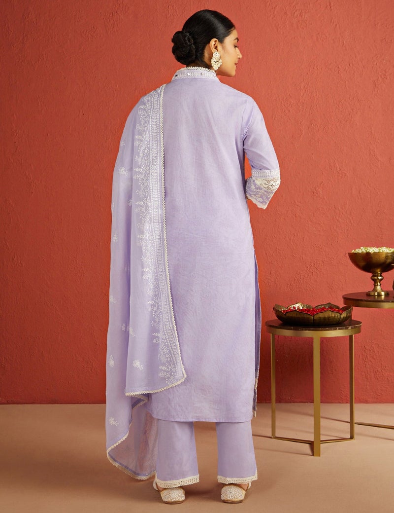 كاري طقم كورتا تشيكانكاري دانتيل نسائي مستقيم مع دوبتا مطرزة - Image 2