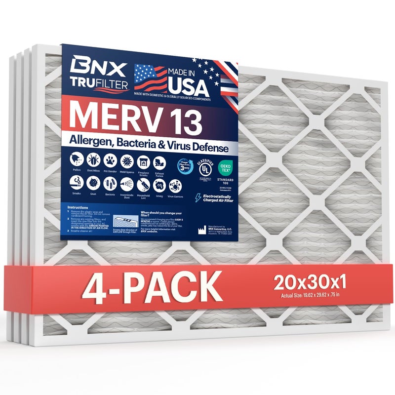 BNX TruFilter 20x30x1 Air Filter MERV 13 (4-Pack) - MADE IN USA - Electrostatic Pleated Air Conditioner HVAC AC Furnace Filters for Allergies, Pollen, Mold, Bacteria, Smoke, Allergen, MPR 1900 FPR 10 - Image 1