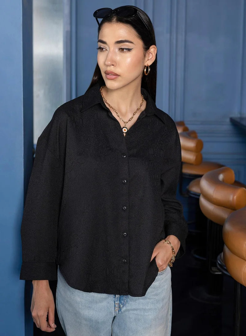 Pinacolada  Women's Black Animal Print Oversized Shirt For Casual Wear | V-Neck | Long Sleeve | Button Closure | Shirt Crafted With Cotton Blend Comfort Fit For Everyday Wear for Women | Best Price UAE