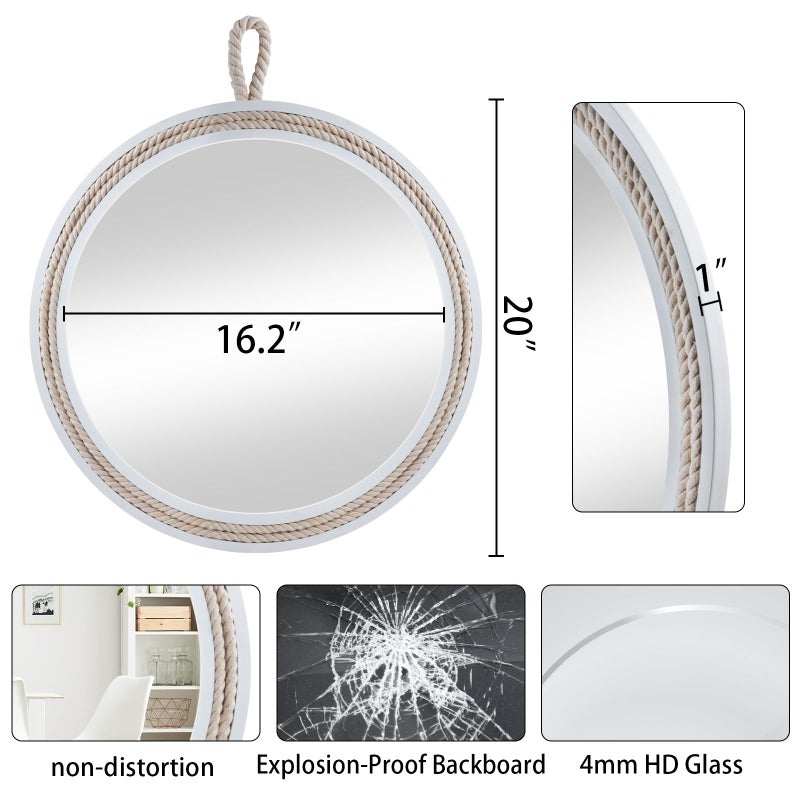 Decor Trends Nautical Round Wall Mirror with Rope 20'' White Circle Hanging Mirror Nursery Coastal Beachy Wall Mirror Decorative Mirror for Bathroom,Livingroom,Entryway-Nautical Theme DÃ©cor - Image 4