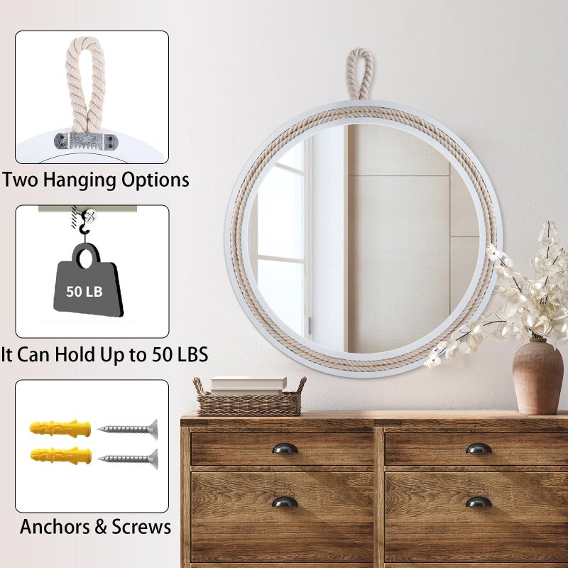 Decor Trends Nautical Round Wall Mirror with Rope 20'' White Circle Hanging Mirror Nursery Coastal Beachy Wall Mirror Decorative Mirror for Bathroom,Livingroom,Entryway-Nautical Theme DÃ©cor - Image 5