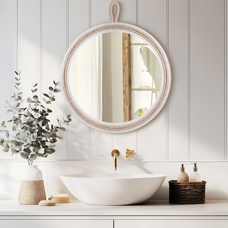 Decor Trends Nautical Round Wall Mirror with Rope 20'' White Circle Hanging Mirror Nursery Coastal Beachy Wall Mirror Decorative Mirror for Bathroom,Livingroom,Entryway-Nautical Theme DÃ©cor - Image 2