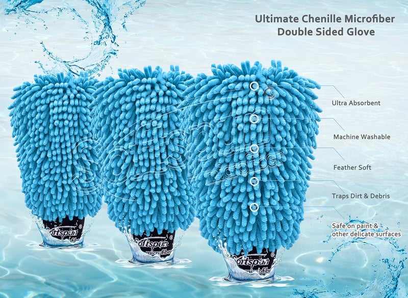 SOFTSPUN Microfiber Double Side Chenille Mitt, 3 Piece Set 1700 GSM Sky Blue, Multi-Purpose Super Absorbent and Perfect Wash Clean with Lint-Scratch Free Home, Kitchen, Window, Dusting! - Image 3