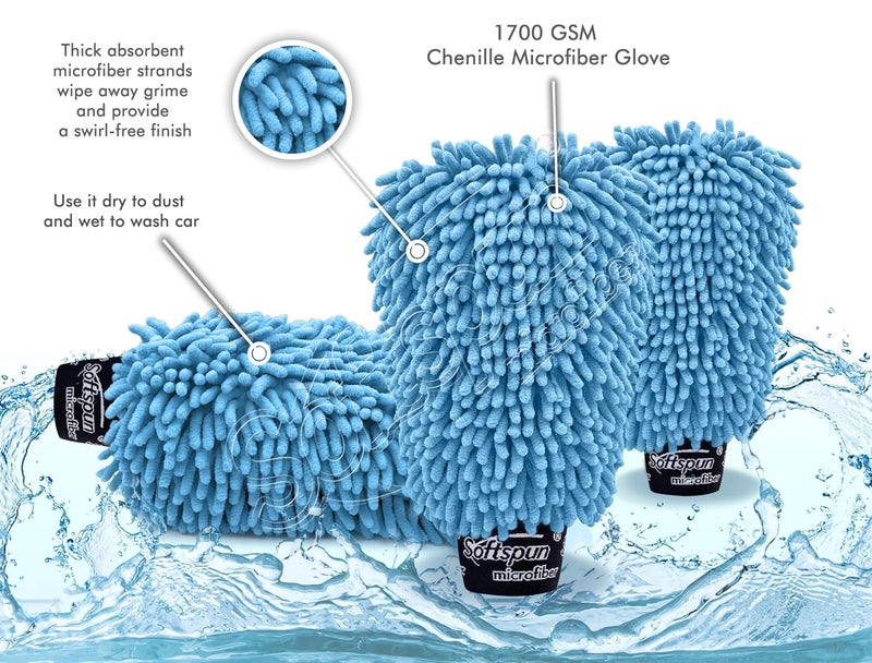 SOFTSPUN Microfiber Double Side Chenille Mitt, 3 Piece Set 1700 GSM Sky Blue, Multi-Purpose Super Absorbent and Perfect Wash Clean with Lint-Scratch Free Home, Kitchen, Window, Dusting! - Image 4