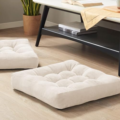 Degrees of Comfort Meditation Floor Pillow Set of 2 Square Large Pillows Seating for Adults Tufted Corduroy Cushion for Balcony Outdoor Tatami Living Room Beige 22x22 Inch
