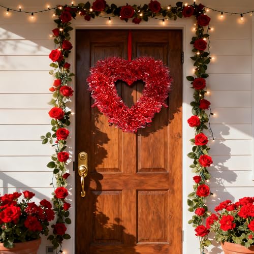 Kreyfer 2 Pack Valentine’s Day Heart-Shaped Wreaths – Red Metallic Love Garland Door Hanging Decorations for Party, Wedding, Home, and Classroom Décor - Image 4