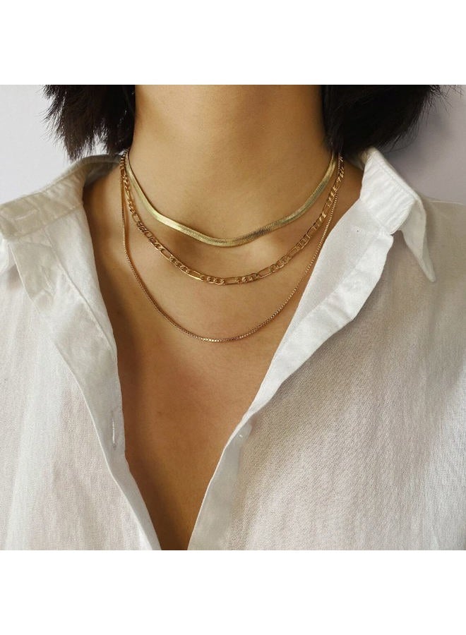 Tasiso 18K Gold Plated Herringbone Choker Necklace Set Three Layered Snake Chain Layering Herringbone Chain Necklace Flat Snake Choker Necklace for Women 4MM 38CM/42CM/47CM - Image 5