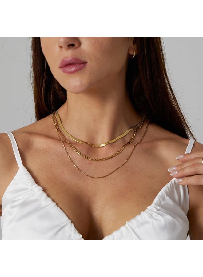 Tasiso 18K Gold Plated Herringbone Choker Necklace Set Three Layered Snake Chain Layering Herringbone Chain Necklace Flat Snake Choker Necklace for Women 4MM 38CM/42CM/47CM - Image 4