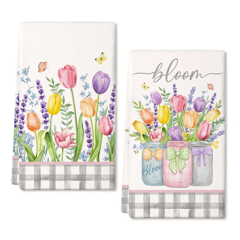 ARKENY Lavender Tulip Spring Kitchen Towels Dish Towels Set of 2,Pink Floral Hand Towels 18x26 Inch Drying Dishcloth,Farmhouse Home Seasonal Spring Decorations AD273 - Image 1