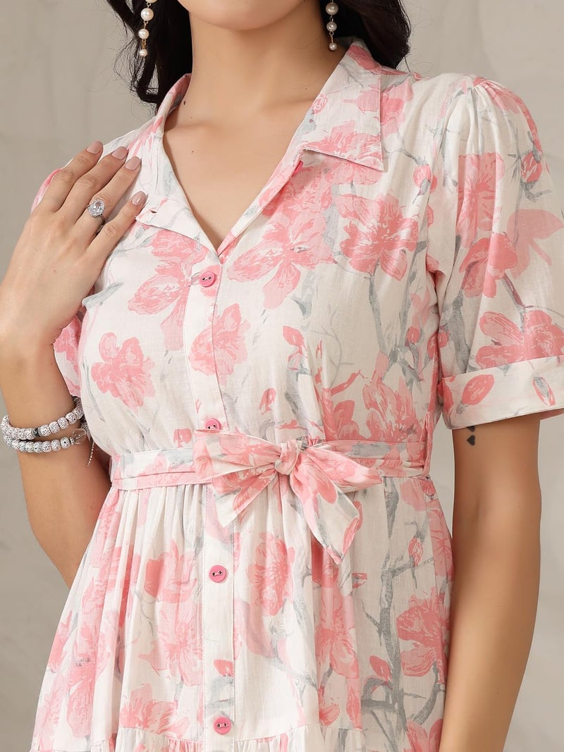 Stylum Women's Pestal Pink Floral Printed Cotton Flared Dress - Image 4