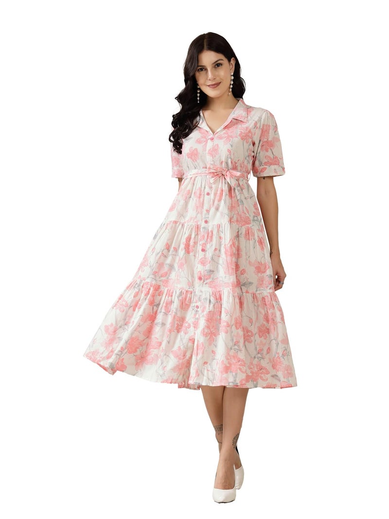 Stylum Women's Pestal Pink Floral Printed Cotton Flared Dress - Image 1