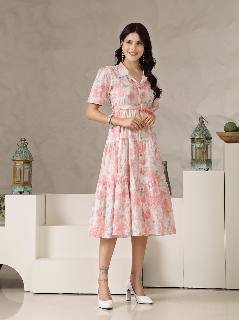Stylum Women's Pestal Pink Floral Printed Cotton Flared Dress - Image 3