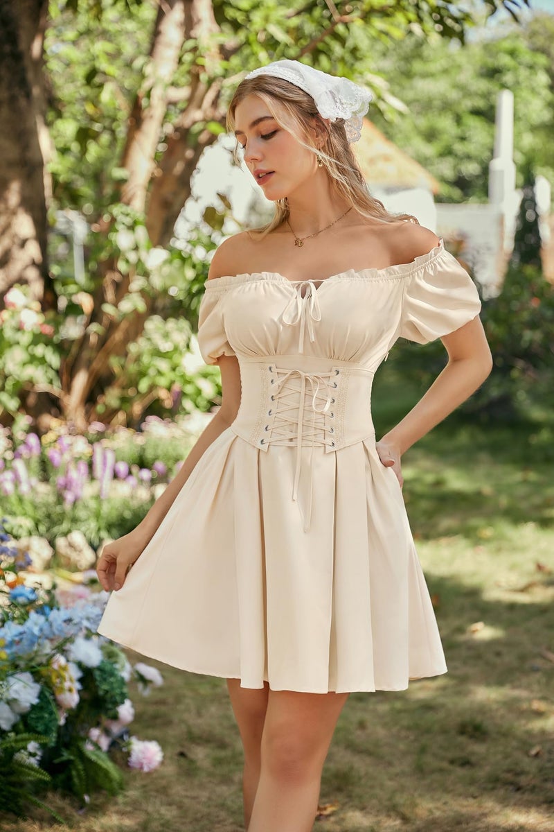 Scarlet Darkness Corset Dress for Women Renaissance Off Shoulder Midi Fairy Dress Apricot S - Image 2