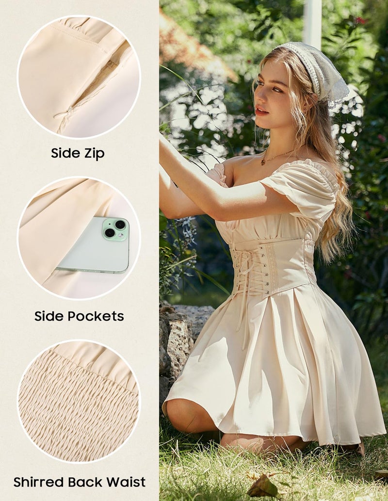 Scarlet Darkness Corset Dress for Women Renaissance Off Shoulder Midi Fairy Dress Apricot S - Image 4