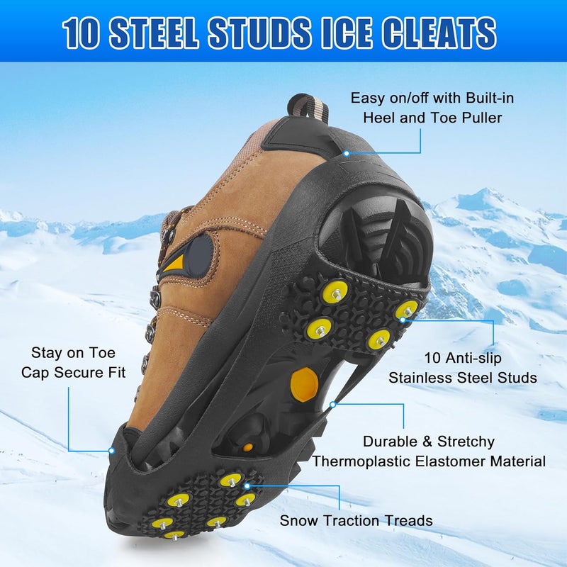 SILANON Ice Snow Cleats for Shoes Boots,Walk Traction Cleats Rubber Crampons Anti Slip 10-Stud Winter Ice Cleat Slip-on Stretch Footwear for Women Men Kids - Image 2