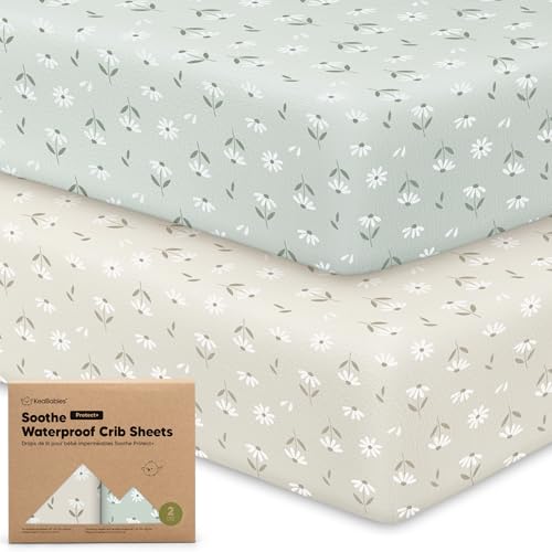 KeaBabies 2Pack Waterproof Crib Sheets for Boys Girls 52x28 Fitted Organic Cotton Baby Crib Sheets Toddler Mattress Protector Cover Washable Soft Durable Baby Bedding Essentials Daisies - Image 1