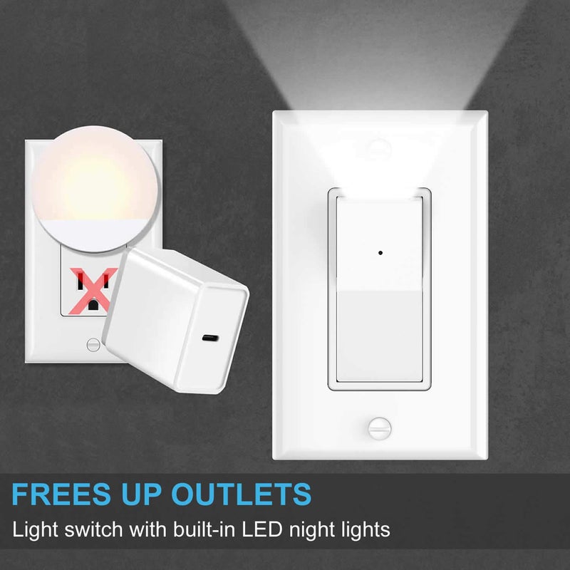 SOZULAMP 4Pack SOZULAMP 3 Way Light Switch with LED Night Light 15Amp 120/277Volt,Three Way Wall Switch, Automatic On/Off Sensor, White - Image 4