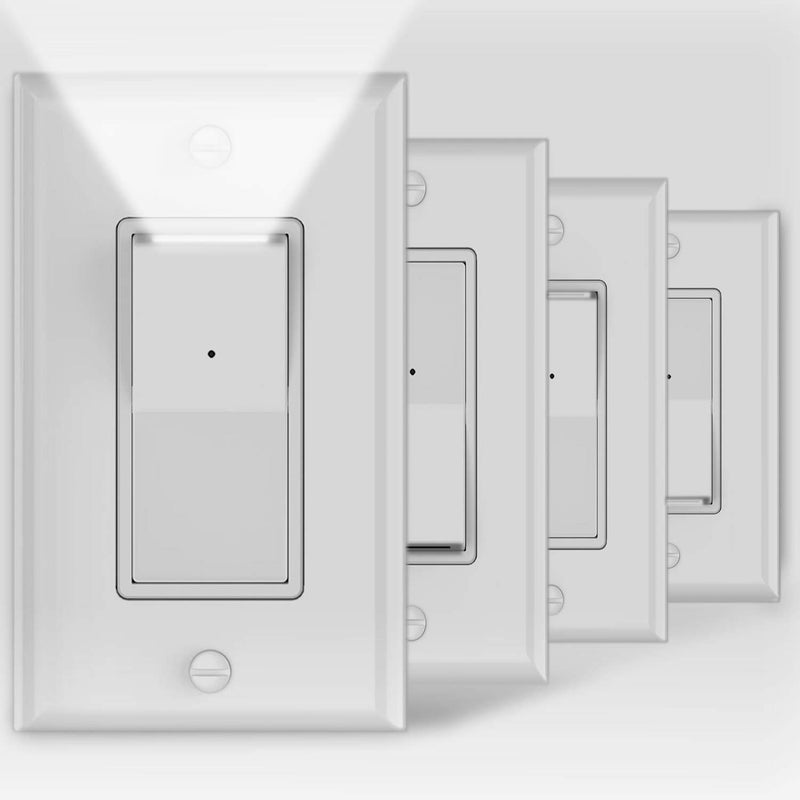SOZULAMP 4Pack SOZULAMP 3 Way Light Switch with LED Night Light 15Amp 120/277Volt,Three Way Wall Switch, Automatic On/Off Sensor, White - Image 1