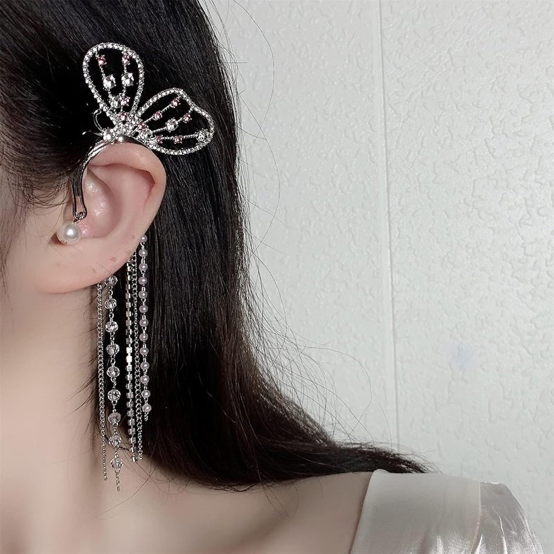 cheekyglo Elegant Butterfly Clip On Earrings for Women Teens Feminine Sparkling Rhinestone Tassel Ear Cuff Wrap Ear Clip Climber Earrings Silver - Image 1