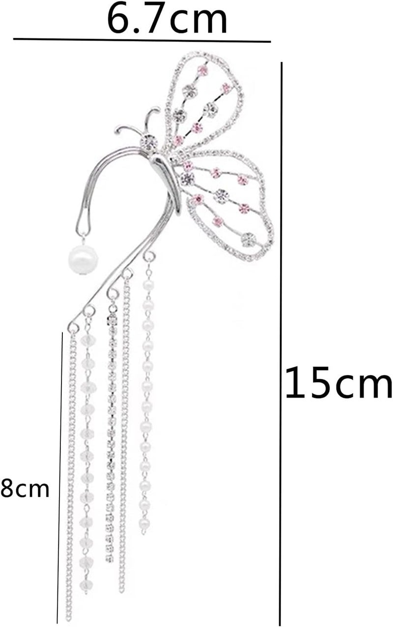 cheekyglo Elegant Butterfly Clip On Earrings for Women Teens Feminine Sparkling Rhinestone Tassel Ear Cuff Wrap Ear Clip Climber Earrings Silver - Image 2