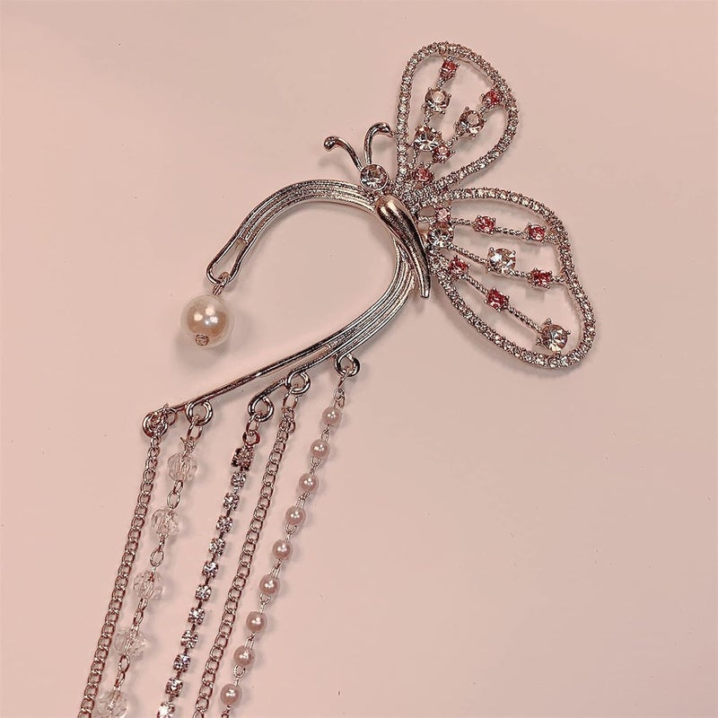 cheekyglo Elegant Butterfly Clip On Earrings for Women Teens Feminine Sparkling Rhinestone Tassel Ear Cuff Wrap Ear Clip Climber Earrings Silver - Image 3