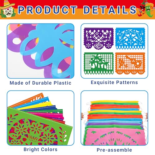 Heartome 18 FT Cinco De Mayo Party Decorations, 1 Pack Fiesta Banner with 9 Plastic Papel Picado, Colorful Mexican Theme Party Flag Banner Dia De Los Muertos Day of the Dead Hanging Decor Home Party Supplies - Image 3