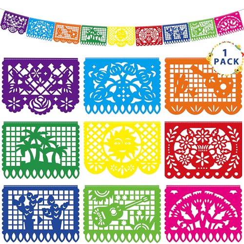 Heartome 18 FT Cinco De Mayo Party Decorations, 1 Pack Fiesta Banner with 9 Plastic Papel Picado, Colorful Mexican Theme Party Flag Banner Dia De Los Muertos Day of the Dead Hanging Decor Home Party Supplies - Image 1