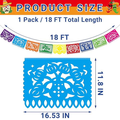 Heartome 18 FT Cinco De Mayo Party Decorations, 1 Pack Fiesta Banner with 9 Plastic Papel Picado, Colorful Mexican Theme Party Flag Banner Dia De Los Muertos Day of the Dead Hanging Decor Home Party Supplies - Image 2