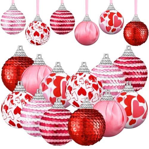 Sratte 12 Pcs Valentine‘s Day Ball Ornaments Mini Valentine Hanging Tree Ornaments 1.97 Inch Red Pink Heart Glitter Valentine Hanging Ball Bauble Decor for Wedding Anniversary Party, 6 Styles - Image 1