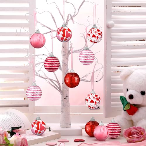 Sratte 12 Pcs Valentine‘s Day Ball Ornaments Mini Valentine Hanging Tree Ornaments 1.97 Inch Red Pink Heart Glitter Valentine Hanging Ball Bauble Decor for Wedding Anniversary Party, 6 Styles - Image 4