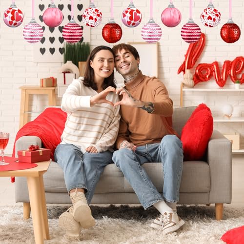 Sratte 12 Pcs Valentine‘s Day Ball Ornaments Mini Valentine Hanging Tree Ornaments 1.97 Inch Red Pink Heart Glitter Valentine Hanging Ball Bauble Decor for Wedding Anniversary Party, 6 Styles - Image 2