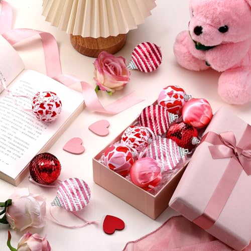 Sratte 12 Pcs Valentine‘s Day Ball Ornaments Mini Valentine Hanging Tree Ornaments 1.97 Inch Red Pink Heart Glitter Valentine Hanging Ball Bauble Decor for Wedding Anniversary Party, 6 Styles - Image 5