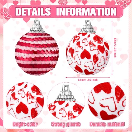 Sratte 12 Pcs Valentine‘s Day Ball Ornaments Mini Valentine Hanging Tree Ornaments 1.97 Inch Red Pink Heart Glitter Valentine Hanging Ball Bauble Decor for Wedding Anniversary Party, 6 Styles - Image 3