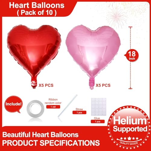 Lovoir 10 Pcs Red Pearl Pink Heart Shape Foil Mylar Balloons 18 Inch Love Balloons for Valentines Day Birthday Party Decorations Wedding Engagement Romantic Decor Red Pearl Pink - Image 5