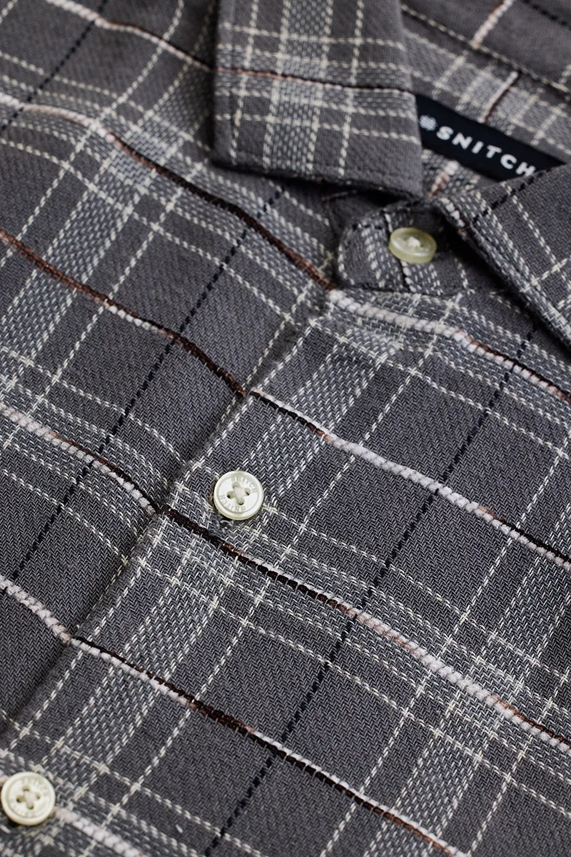 سنيتش Grey Checkered Long Sleeve Slim Fit Casual Shirt