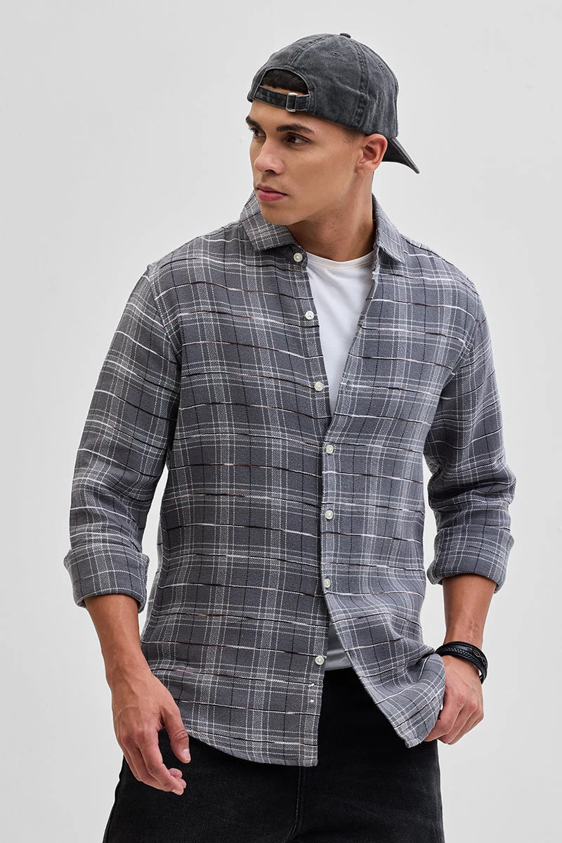 سنيتش Grey Checkered Long Sleeve Slim Fit Casual Shirt