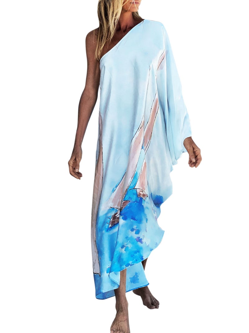 Women Beach Cover Ups Dress One Shoulder Irregular Robes Holiday Beachwear - Image 1