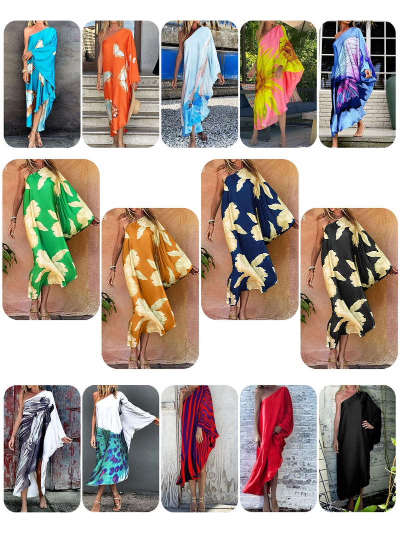 Women Beach Cover Ups Dress One Shoulder Irregular Robes Holiday Beachwear - Image 4