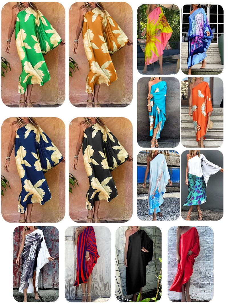 Women Beach Cover Ups Dress One Shoulder Irregular Robes Holiday Beachwear - Image 5